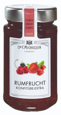 Aus erlesenen Erdbeern, Kirschen, Himbeeren, Brombeeren, rote Johannisbeeren mit Rum veredelt.