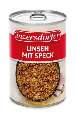 Linsen mit Räucherspeck, Zwiebeln, Senf und Gewürzen.