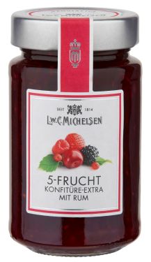 Aus erlesenen Erdbeern, Kirschen, Himbeeren, Brombeeren, rote Johannisbeeren mit Rum veredelt.