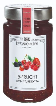 5-Frucht Fruchtaufstrich: Erlesene Erdbeeren, köstliche Kirschen & Himbeeren, Johannis –und Brombeeren.