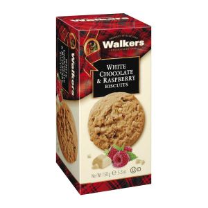 Köstliche knusprige Biscuits, gebacken mit weißen Schokoladenstückchen und Himbeeren.