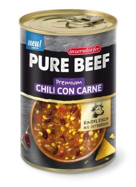Premium Chili con Carne mit Rindfleischstücken und Faschiertem vom Rind, klassisch kombiniert mit roten Bohnen und Mais.