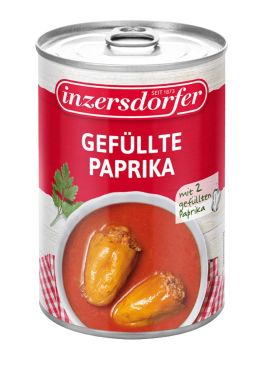 Paprikaschoten, gefüllt mit Rind- und Schweinefleisch, Reis, Zwiebeln und Petersilie gekocht in einer fruchtigen Tomatensauce.